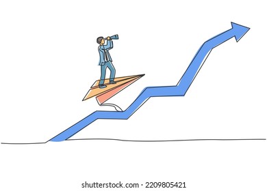 Single one line drawing young smart male employee fly using paper aircraft and looking forward. Business finance growth minimal concept. Modern continuous line draw design graphic vector illustration