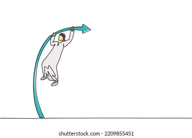 Single One Line Drawing Of Young Attractive Arabic Male Entrepreneur Jumping High Using Pole Vault. Business Leap Growth Minimal Concept. Modern Continuous Line Draw Design Graphic Vector Illustration