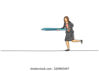 Single one line drawing of young smart business woman running to hit business target. Business sales growth metaphor minimal concept. Modern continuous line draw design graphic vector illustration