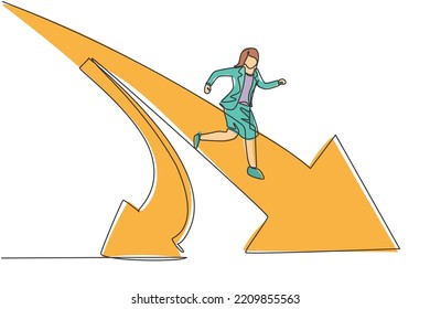 Single one line drawing young smart business woman running on crossroads an choose straight way. Business sales growth minimal concept. Modern continuous line draw design graphic vector illustration