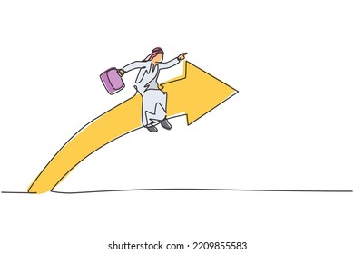 Einzeilige Zeichnung des jungen arabischen Unternehmers, der auf dem Pfeilsymbol steht und zum Himmel fliegt. Minimales Unternehmenswachstum Modern-Stetig-Liniendesign, Vektorgrafik