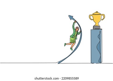 Single one line drawing of young smart business woman jumping pole vault to reach winning trophy. Business goal growth minimal concept. Modern continuous line draw design graphic vector illustration