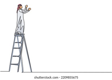 Single One Line Drawing Of Young Arabic Male Handyman Fixing The Broken Wall Using Ladder. Repairman Property Fixing Minimal Concept. Modern Continuous Line Draw Design Graphic Vector Illustration