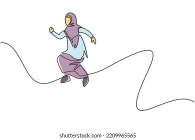 Single one line drawing of young Arabian businesswoman actively jumping high to the sky. Business financial growth minimal concept. Modern continuous line draw design graphic vector illustration