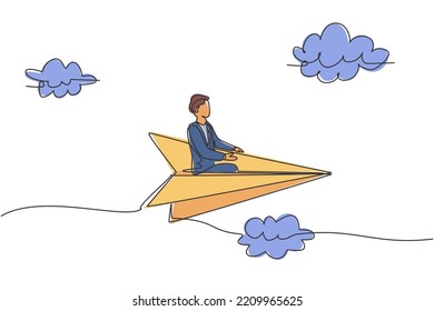 Single one line drawing of young smart business man flying with paper aircraft relax and cool. Business travel metaphor concept. Modern continuous line draw. Minimal design graphic vector illustration