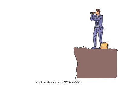 Single one line drawing young smart business man analyze economic situation using binocular. Business vision metaphor concept. Modern continuous line draw. Minimal design graphic vector illustration