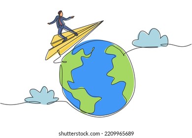 Single one line drawing young smart business man flying with paper airplane around the world. Business trip metaphor concept. Modern continuous line draw. Minimal design graphic vector illustration