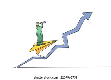 Single one line drawing young Arabian businesswoman analyze profit growth while flying with paper airplane. Business financial minimal concept. Continuous line draw design graphic vector illustration