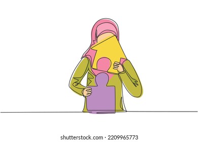 Single one line drawing of young Arabian businesswoman build puzzle into up house building. Business financial growth minimal concept. Modern continuous line draw design graphic vector illustration