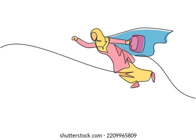 Single one line drawing young Arabian businesswoman flying on the sky while holding briefcase. Business financial growth minimal concept. Modern continuous line draw design graphic vector illustration