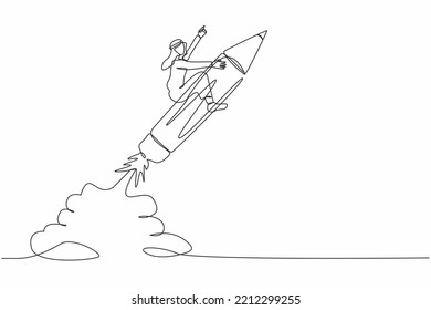 Eine einzige Linie, die junge arabische Geschäftsleute zeichnet, die mit einer Bleistiftrakete am Himmel fliegen. Konzept von Bildung, Kreativität, Fantasie oder kreativer Freiheit. Design der kontinuierlichen Linien, Vektorgrafik