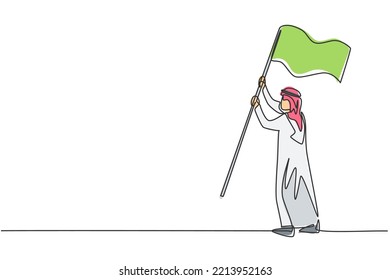 Single one line drawing of young Arab business man holding winning flag as achievement target. Business mission minimal metaphor concept. Modern continuous line draw design graphic vector illustration