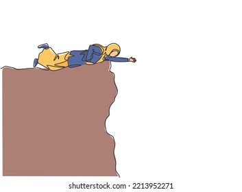 Single one line drawing young Arab business woman lend a hand to reach colleague from cliff. Business support. Minimal metaphor concept. Modern continuous line draw design graphic vector illustration