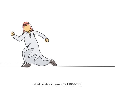 Dibujo de una sola línea de un joven hombre de negocios árabe corriendo perseguido por el plazo de trabajo. Concepto de metáfora de urgencia de la disciplina del tiempo de negocios. Ilustración de líneas continuas moderna de diseño gráfico vectorial
