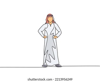 Single one line drawing of young Arabian business man standing on the street thinking of business. Minimalism metaphor business vision concept. Continuous line draw design graphic vector illustration.