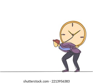 Single one line drawing of young business man shouldered heavy big analog clock with his back. Business time discipline metaphor concept. Modern continuous line draw design graphic vector illustration