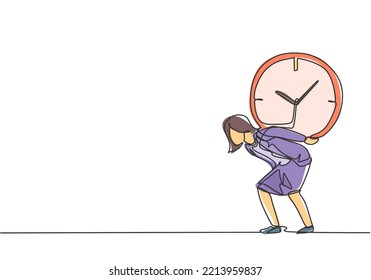 Single one line drawing of young business woman shouldered heavy big analog clock with her back. Business challenge minimal metaphor concept. Continuous line draw design graphic vector illustration.