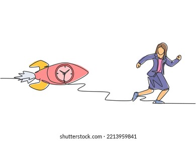 Single one line drawing of young business woman chased by flying rocket analog clock inside. Rush hour management business minimalist concept. Continuous line draw design graphic vector illustration.