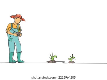 Single one line drawing of young male farmer bring crops to be planted in farm fields. Farming challenge activities minimalist concept. Modern continuous line draw design graphic vector illustration.