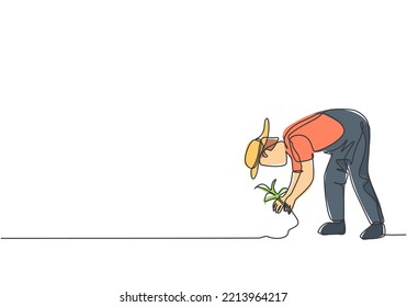 Single one line drawing of young male farmer plant crops in the farm fields. Professional farmer. Farming challenge minimalist concept. Modern continuous line draw design graphic vector illustration.
