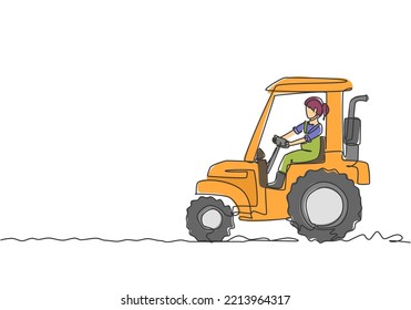 Single one line drawing of young female farmer drive a tractor to plow the fields. Successful farming challenge minimal concept. Modern continuous line draw design graphic vector illustration.