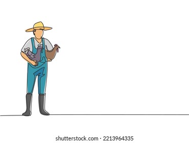 Single One Line Drawing Of Young Male Farmer Carried The Chicken With Both Hands To Return To The Coop. Farming Challenge Minimal Concept. Continuous Line Draw Design Graphic Vector Illustration.