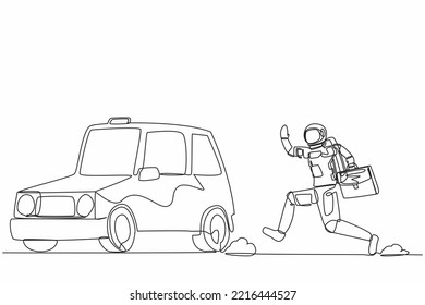 Single one line drawing of young astronaut running chasing taxi cab in moon surface. Future transportation in outer space. Cosmonaut deep space. Continuous line draw design graphic vector illustration