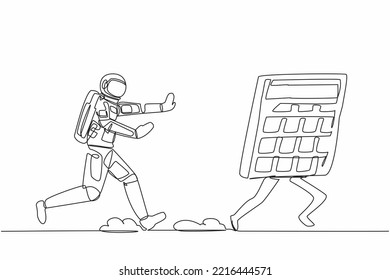 Single one line drawing young astronaut chasing calculator in moon surface. Calculation of costs for space exploration. Cosmonaut deep space concept. Continuous line design graphic vector illustration