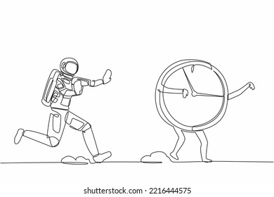 Single One Line Drawing Young Astronaut Chase Clock Time In Moon Surface. Time Management In Space Exploration. Cosmonaut Deep Space Concept. Modern Continuous Line Design Graphic Vector Illustration