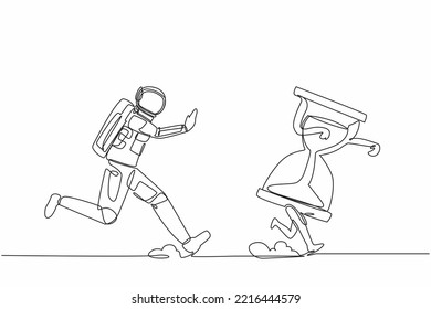 Single one line drawing young astronaut chasing hourglass in moon surface. Time management, space exploration schedule. Cosmonaut deep space concept. Continuous line design graphic vector illustration