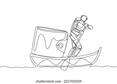 Single one line drawing young astronaut sailing away on boat with purse. Money management in spaceship company. Cosmic galaxy space concept. Modern continuous line design graphic vector illustration