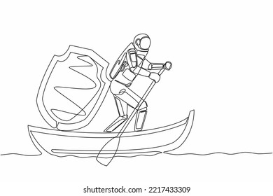 Single one line drawing young astronaut sailing away on boat with shield. Security and insurance in spaceship launching. Cosmic galaxy space concept. Continuous line design graphic vector illustration