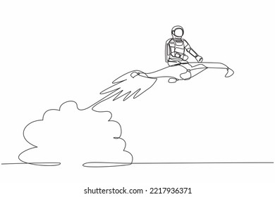 Single one line drawing of young astronaut riding magic carpet rocket flying in moon surface. Space exploration acceleration. Cosmic galaxy space concept. Modern continuous line design graphic vector