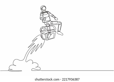 Single one line drawing young astronaut riding treasure chest rocket flying in moon surface. Precious treasure hunting in cosmic galaxy space. Continuous line draw design graphic vector illustration