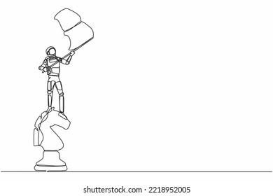 Single one line drawing of young astronaut standing on top of big chess horse knight piece and waving flag. Cosmic galaxy space concept. Modern continuous line draw design graphic vector illustration