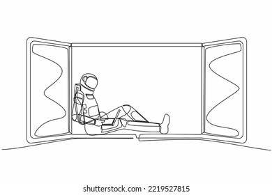 Dibujo de una sola línea de un joven astronauta independiente sentado en el umbral de la ventana, trabajando con una laptop. Trabajo remoto desde la superficie de la luna. Espacio de galaxia cósmica. Ilustración vectorial de diseño de línea continua