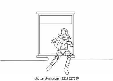 Single one line drawing young astronaut sitting on windowsill and reads newspaper. Cozy balcony in moon surface. Cosmic galaxy space concept. Modern continuous line design graphic vector illustration