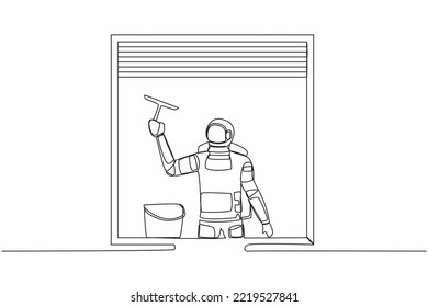 Single one line drawing young astronaut cleaning windows with bucket, glass cleaner tools in moon surface. Cosmic galaxy space concept. Modern continuous line draw design graphic vector illustration svg