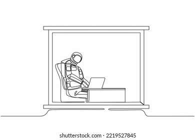 Single one line drawing young astronaut sitting and working at desk and using laptop near window in moon surface. Cosmic galaxy space concept. Modern continuous line design graphic vector illustration