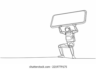 Single one line drawing young astronaut carrying heavy smartphone on his back. Frustration due to overworked in space industry. Cosmic galaxy space. Continuous line design graphic vector illustration