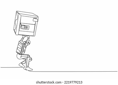 Single one line drawing young astronaut carrying heavy safe deposit box on his back. Impact in pandemic crisis at space industry. Cosmic galaxy space. Continuous line draw design vector illustration