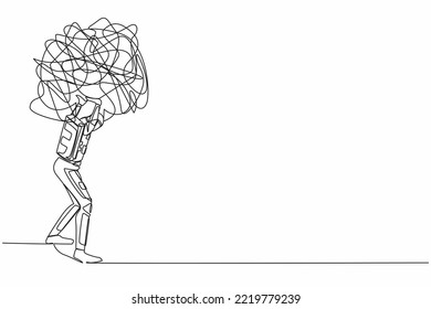Single one line drawing young astronaut carrying heavy messy line on his back. Anxiety from planets exploration. Space company problem. Cosmic galaxy space. Continuous line design vector illustration svg