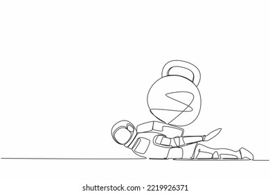 Single one line drawing young astronaut under heavy kettlebell burden. Debt explosion in spaceship company. Technology development. Cosmic galaxy space. Continuous line draw design vector illustration