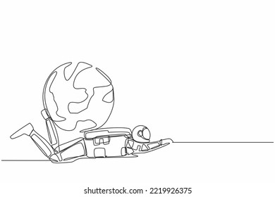 Single one line drawing of young astronaut under heavy globe burden in moon surface. Earth exploitation, spaceship industrial pollution. Cosmic galaxy space. Continuous line design vector illustration