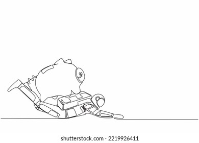 Single One Line Drawing Young Astronaut Under Heavy Piggy Bank Burden In Moon Surface. Broke And Financial Problems In Space Industry. Cosmic Galaxy Space. Continuous Line Design Vector Illustration