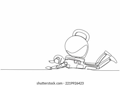 Single one line drawing young astronaut under heavy kettlebell burden. Financial crisis in space company. Technology development. Cosmic galaxy space. Continuous line draw design vector illustration