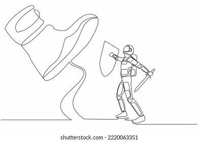 Single one line drawing young astronaut fight to giant foot and shield   sword in moon surface  Spaceman against boss big shoe stomp  Cosmic galaxy space  Continuous line design vector illustration