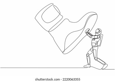 Single one line drawing young astronaut against giant shoes stomping. Spaceman push against giant foot step. Science development. Cosmic galaxy space. Continuous line draw design vector illustration