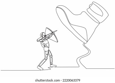 Single one line drawing young astronaut aiming bow against giant shoes stomping. Spaceman archery against giant foot step. Cosmic galaxy space concept. Continuous line draw design vector illustration