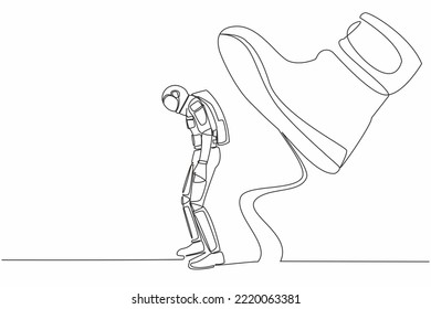 Single one line drawing young astronaut standing weak under huge boot shoe, being fired from company. Future science development. Cosmic galaxy space. Continuous line draw design vector illustration